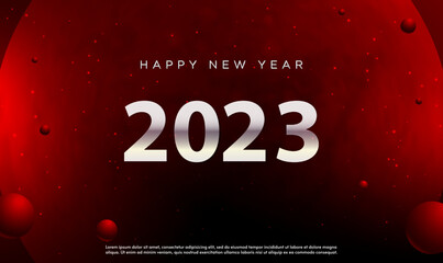 Happy new year 2023 on red space background. 2023 Happy New Year Lettering on space Background. Red planet. Merry Christmas. Greeting Card, Banner, Poster. Vector illustration EPS10.
