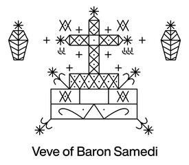 Veve of Baron Samedi. Voodoo religious symbol. Transparent black icon, isolated on white background. Vector EPS10.  - obrazy, fototapety, plakaty