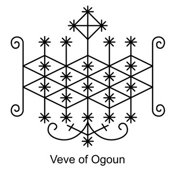 Veve of Ogoun. Voodoo religious symbol. Transparent black icon, isolated on white background. Vector EPS10. 