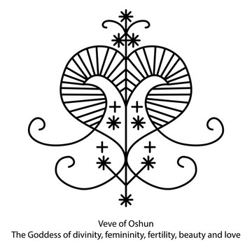 Veve of Oshun. Voodoo religious symbol. Transparent black icon, isolated on white background. Vector EPS10. 