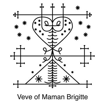 Veve of Maman Brigitte. Voodoo religious symbol. Transparent black icon, isolated on white background. Vector EPS10. 