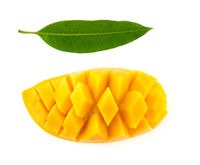 half of Mango fruit decorated with leaves isolated on white background close-up. Top view. Flat lay