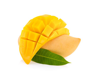 Isolated yellow mango. One whole mango fruit with leaf with cut out piece isolated on white background