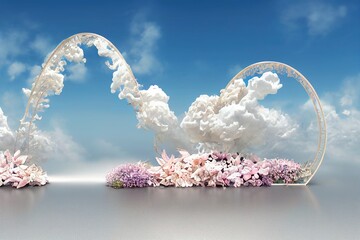 Natural beauty podium backdrop for product display with dreamy cloud and neon light background. Romantic 3d seascape scene - obrazy, fototapety, plakaty