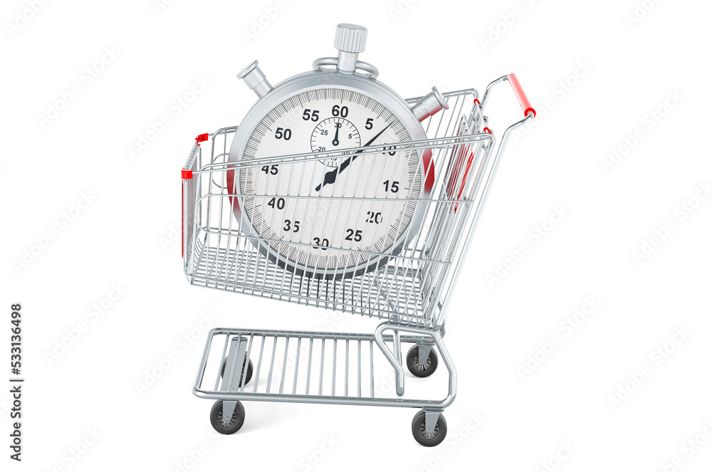 Poster shopping cart with stopwatch, 3d rendering