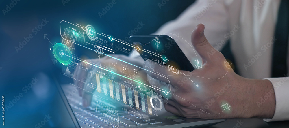 Poster work with a virtual data array using a laptop and smartphone