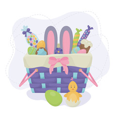 The basket with sweets for Easter. Eggs, chicken, candy, bunny ears. Vector illustration.
