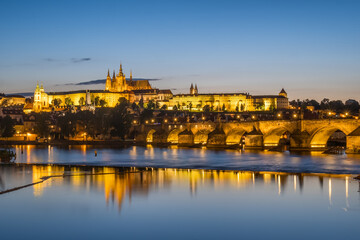 Charles bridge and the Prague castle at night, Czech Republic.