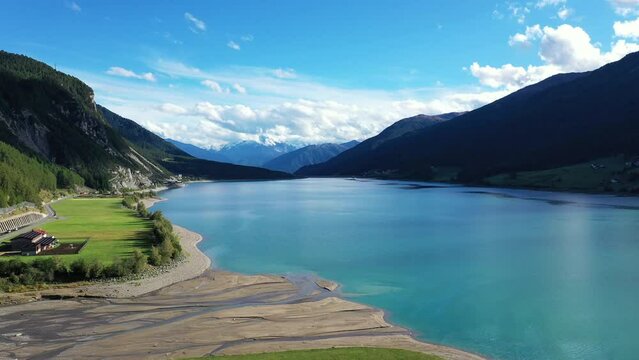 drone flight over Lake Reschensee in South Tyrol