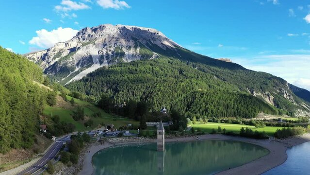 drone flight over Lake Reschensee in South Tyrol