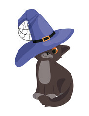 Cute cartoon cat in halloween hat with cobwebs. Flat illustration.