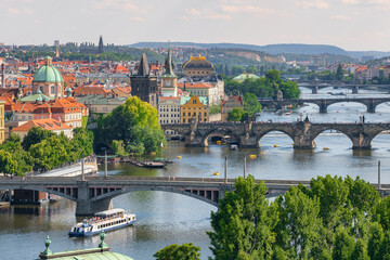 Naklejka premium Prague old town cityscape with Charles bridge and Vltava river, Czech Republic