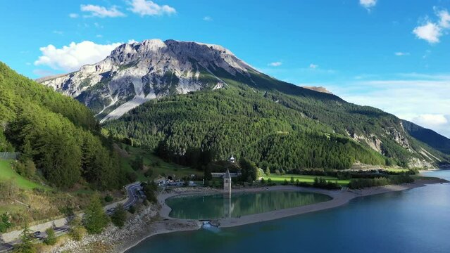 drone flight over Lake Reschensee in South Tyrol