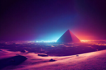 Fototapeta na wymiar neon pyramid landscape, digital render, abstract illustration, created with generative ai