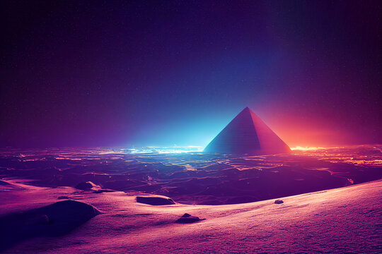 neon pyramid landscape, digital render, abstract illustration, created with generative ai