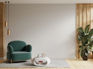 Modern interior of wall space with green armchair on empty white room. - obrazy, fototapety, plakaty