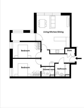 Architecture plan with furniture in top view.