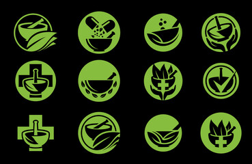 Set of green herbal medicine icons isolated on white background. Can be used for pharmacy, homeopathy, alternative medicine, organic or natural concept logo design