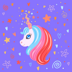 Obraz premium Cute unicorn with glossy blue, pink and red hair over violet background with stars, hearts and spirals.