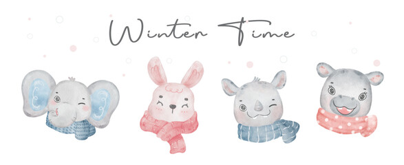 cute winter wildlife animal with scarf set, cartoon watercolor illustration vector for banner