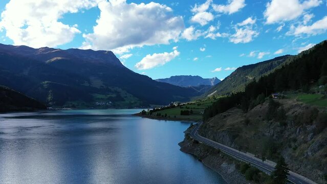 drone flight over Lake Reschensee in South Tyrol