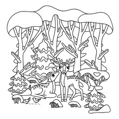 Coloring page with a cute pair of deer and trees in a snowy forest.Landscape with animals,spruces, bushes, snowdrifts and birds.Graphic vector illustration for children's creativity, design of cards.