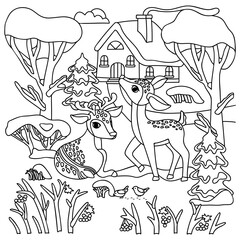 Coloring page with animals.Forest landscape with a house and a couple of deer. Trees, bushes with berries, birds, spruces, snowdrifts, a cloud with the sun.Graphic vector illustration.

