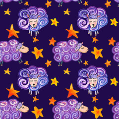 Watercolor illustration seamless pattern of sheeps on a dark blue background with stars a textiles for children