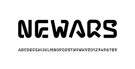 Technical font, bold modern alphabet, trendy uppercase Latin letters from A to Z and Arab numbers from 0 to 9 for you designs, vector illustration 10EPS