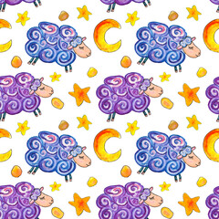 Watercolor illustration seamless pattern of purple and blue sheeps on white background with stars textiles for children