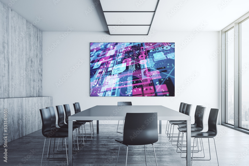 Poster abstract creative coding concept on presentation screen in a modern conference room. 3d rendering