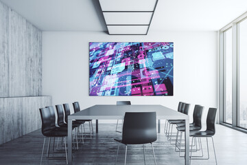 Abstract creative coding concept on presentation screen in a modern conference room. 3D Rendering