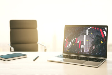 Naklejka premium Abstract creative financial graph with world map on modern laptop monitor, forex and investment concept. 3D Rendering
