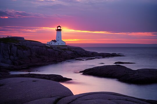 Sunset At Peggys Cove Light House In Nova