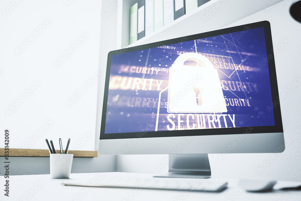 Aufkleber Creative idea concept with lock symbol and microcircuit illustration on modern laptop screen. Protection and firewall concept. 3D Rendering