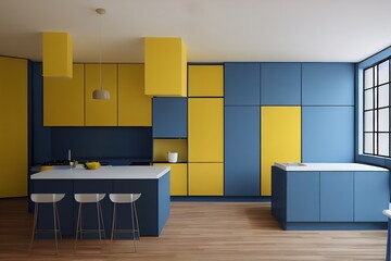 very huge blue and yellow Kitchen room