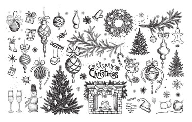 Christmas set in sketch style. Hand drawn illustration.