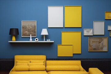 very huge blue living room yellow sofa