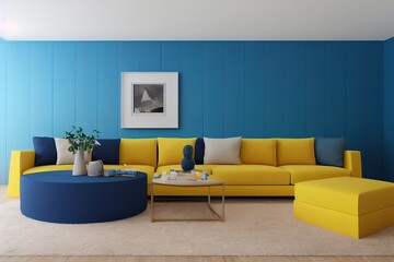 very huge blue living room yellow sofa