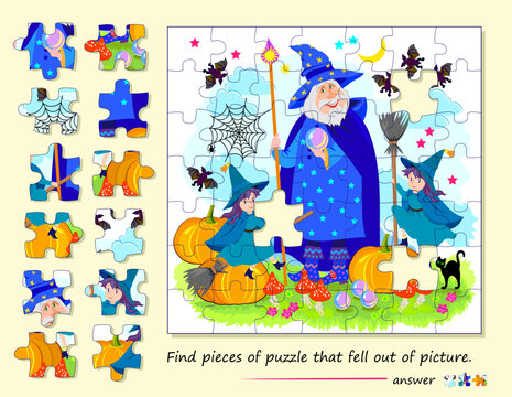 Logic game for children and adults. Find pieces of puzzle that fell out of picture. Page for kids brain teaser book. Task for attentiveness. Developing spatial thinking. Play online. Vector image.