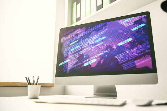 Modern computer display with abstract programming language hologram and world map, artificial intelligence and neural networks concept. 3D Rendering