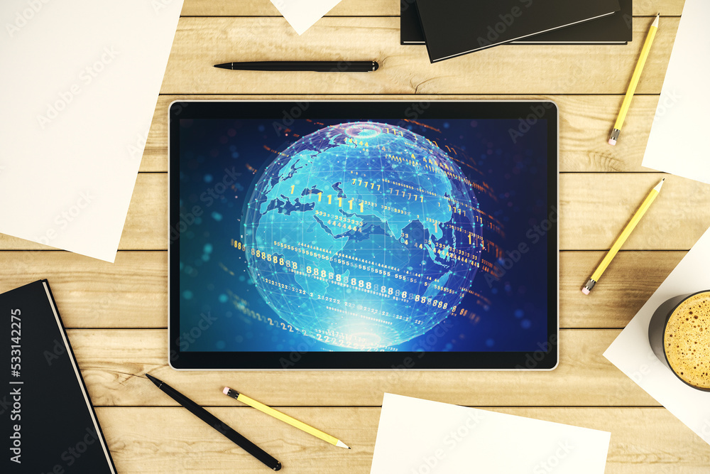 Poster top view of modern digital tablet display with abstract software development hologram and world map,