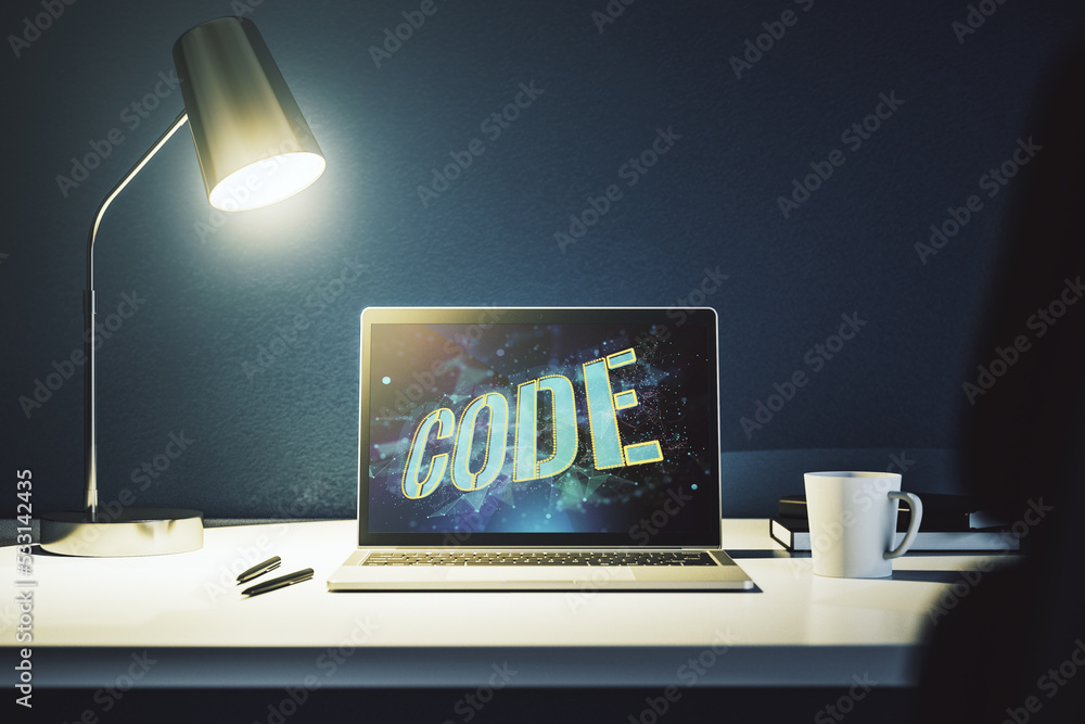 Fototapete creative code word sign on modern computer monitor, international software development concept. 3d r