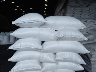 Chemical fertilizer The product stock is packed in sacks, stacked in the warehouse, waiting for delivery.