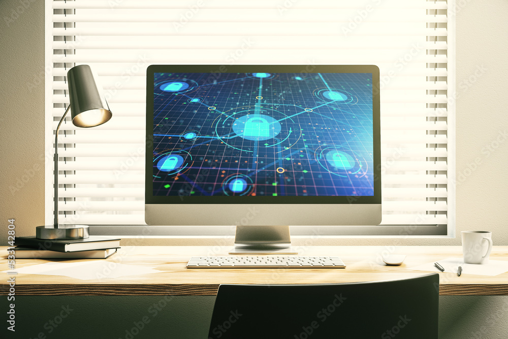 Aufkleber Modern computer monitor with creative lock hologram and chip. Information security concept. 3D Rendering
