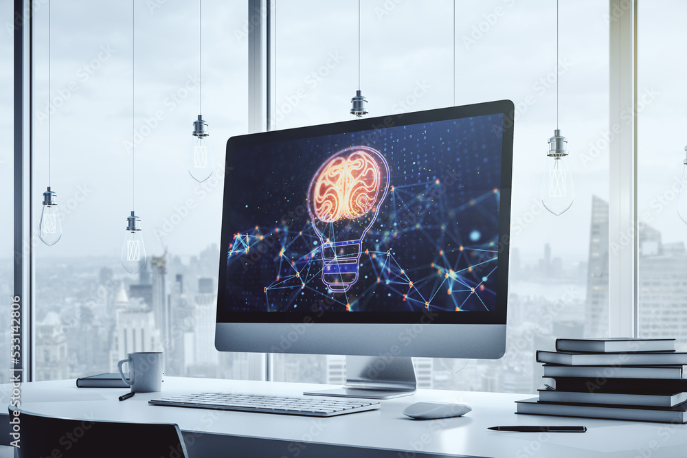 Poster Creative light bulb illustration with human brain on modern computer monitor, future technology concept. 3D Rendering