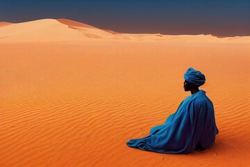 African man waching Brilliant Blue Sky in the Beautiful sand dunes in the Sahara desert