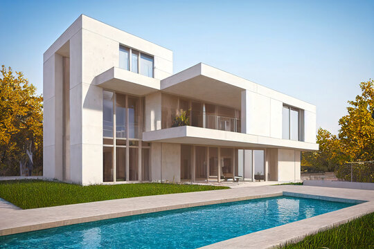 Architecture design of modern luxury house,Villa with wood terrace and swimming pool on sea view background,Idea of exterior
