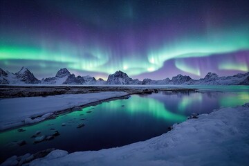 Fototapeta na wymiar Aurora borealis and happy Man. Starry sky, green polar lights. Night landscape. Northern lights