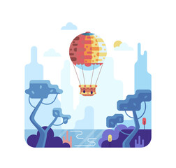Hot air balloon flies over water - Vector cartoon illustration
